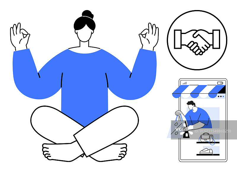 冥想的人、握手图标和在线状态图片素材