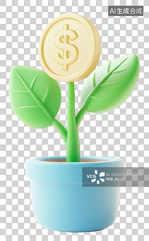 【AI数字艺术】3D植物生金币盆栽图片素材