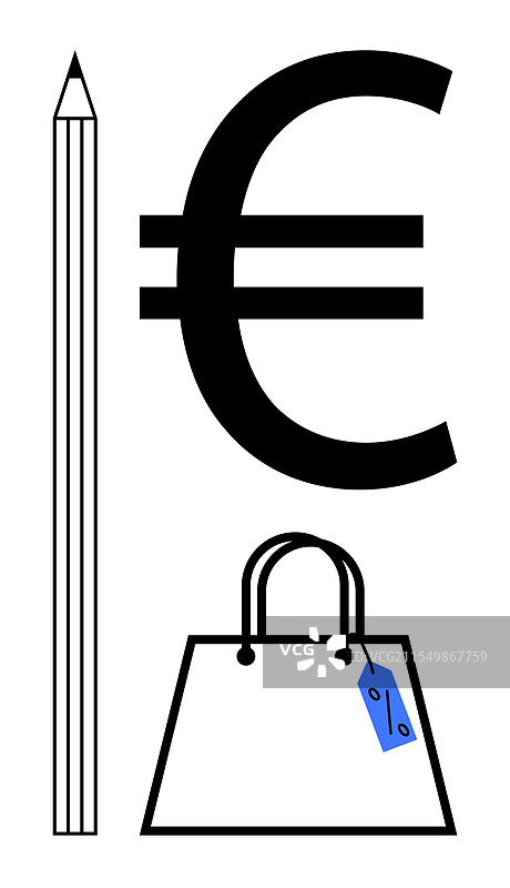 欧元符号与铅笔和购物袋的描绘图片素材