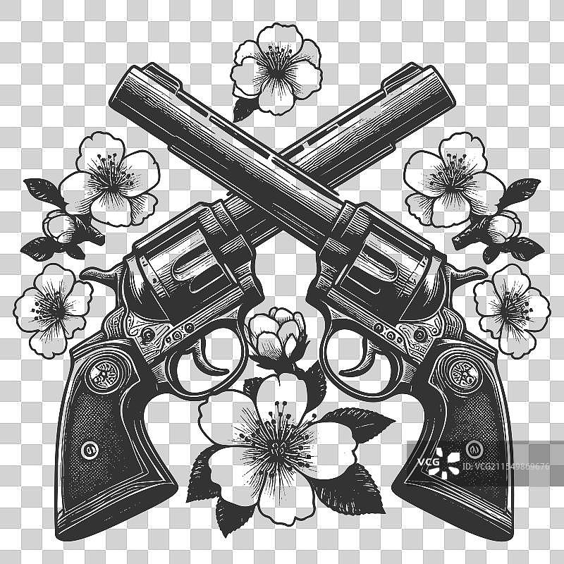交叉的左轮手枪与樱花图片素材