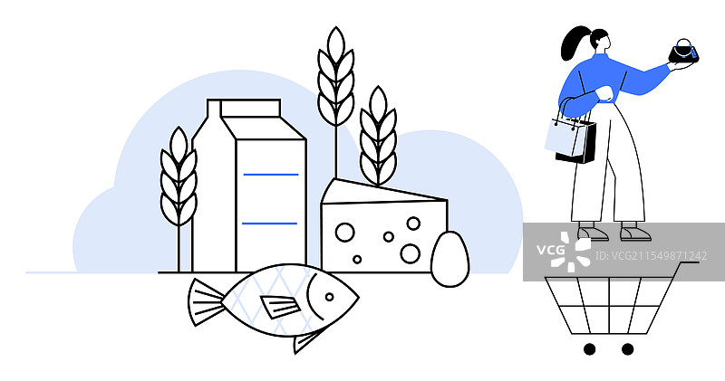 女性在购物，挑选新鲜的杂货，包括牛奶图片素材