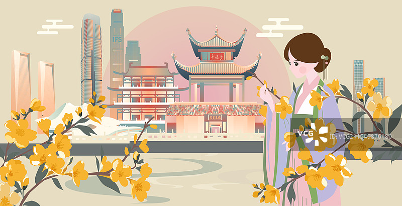 长沙二十四节气立春惊蛰清明城市建筑横版矢量插画图片素材