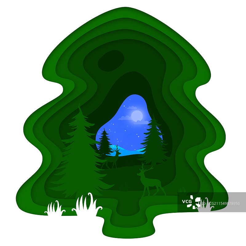 剪纸风的树形风景插画图片素材