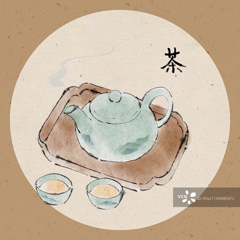 传统国风水墨插画茶具图片素材