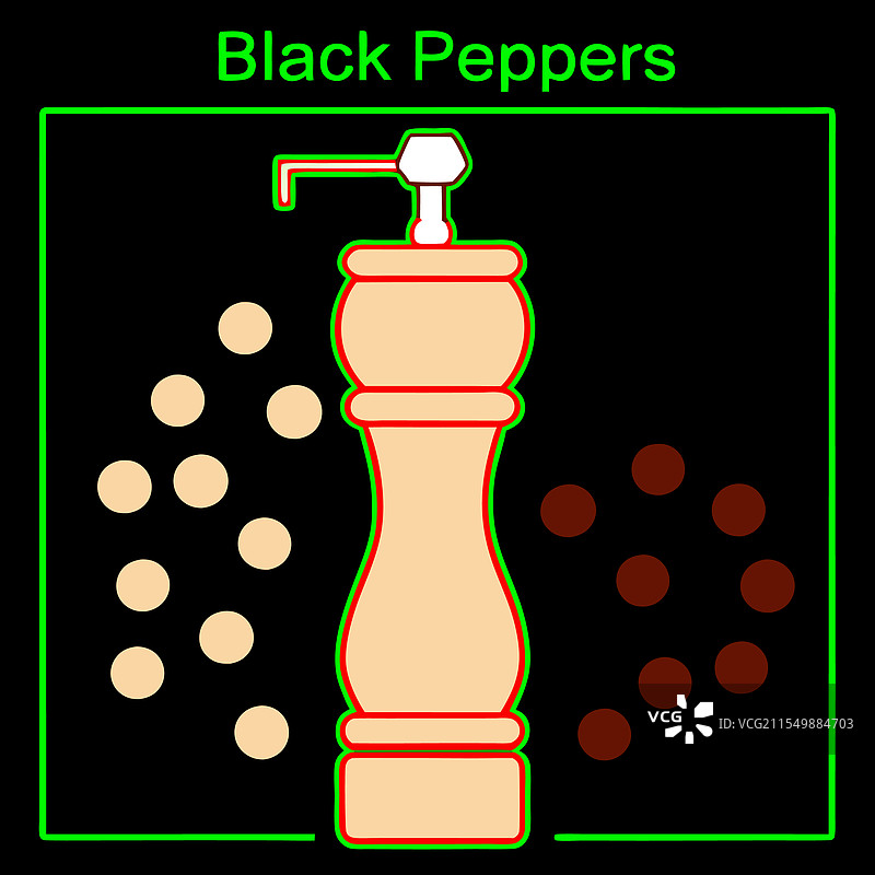 一个时尚的胡椒磨周围环绕着整颗黑胡椒。图片素材