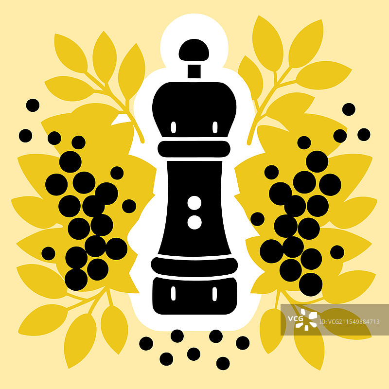 一个时尚的胡椒磨周围环绕着整颗黑胡椒。图片素材