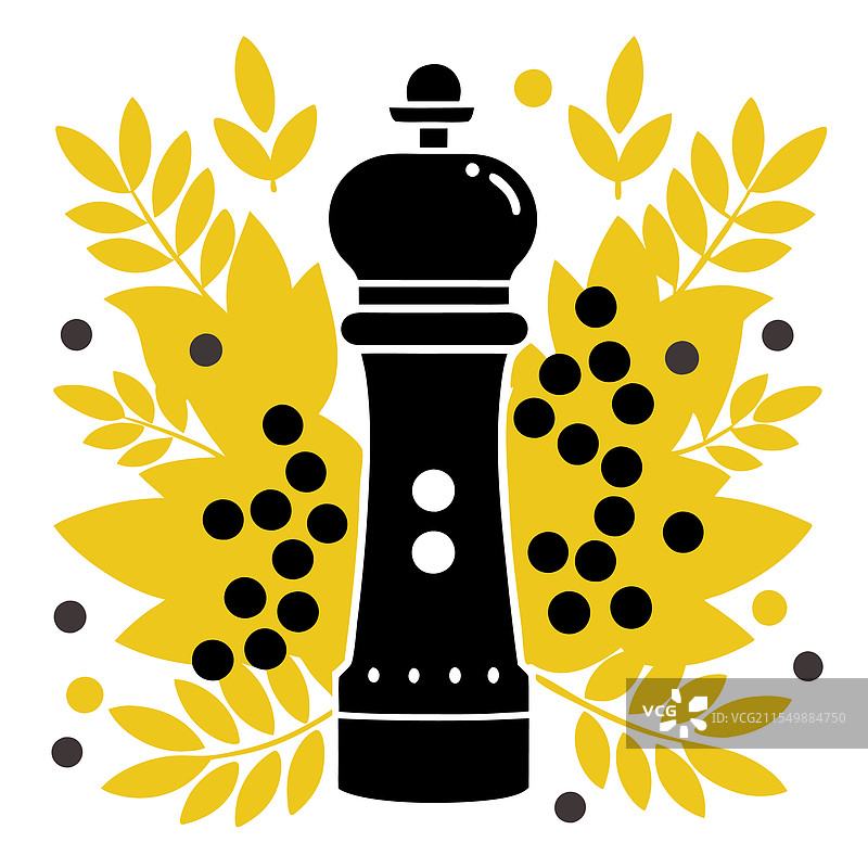 一个时尚的胡椒磨周围环绕着整颗黑胡椒。图片素材