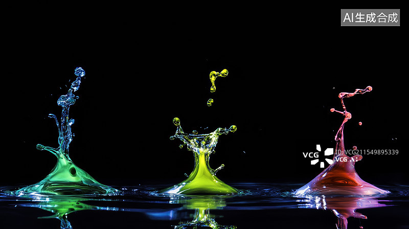 【AI数字艺术】彩色水滴碰撞特写动态摄影图片素材