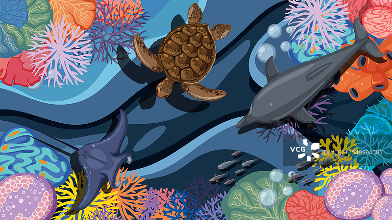 五彩斑斓的海洋生物，包含珊瑚、海龟和海豚图片素材