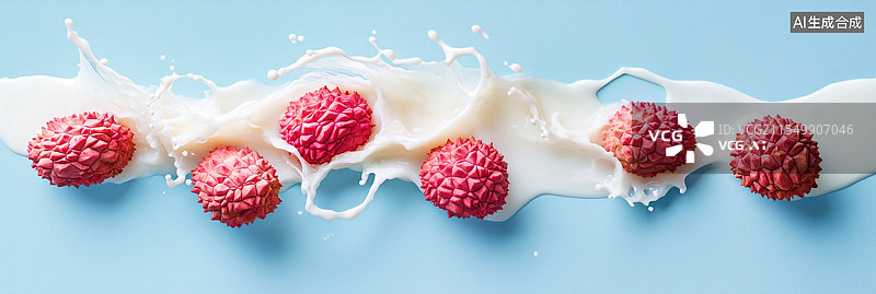 【AI数字艺术】清爽夏日饮料飞溅新鲜季节水果系列荔枝玫瑰口味维生素冷饮料促销产品包装海报蓝色背景图片素材