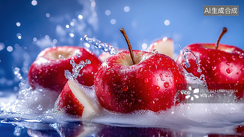【AI数字艺术】清爽夏日饮料飞溅水中新鲜季节水果系列红富士苹果维生素冷饮料促销产品包装海报蓝色海报图片素材