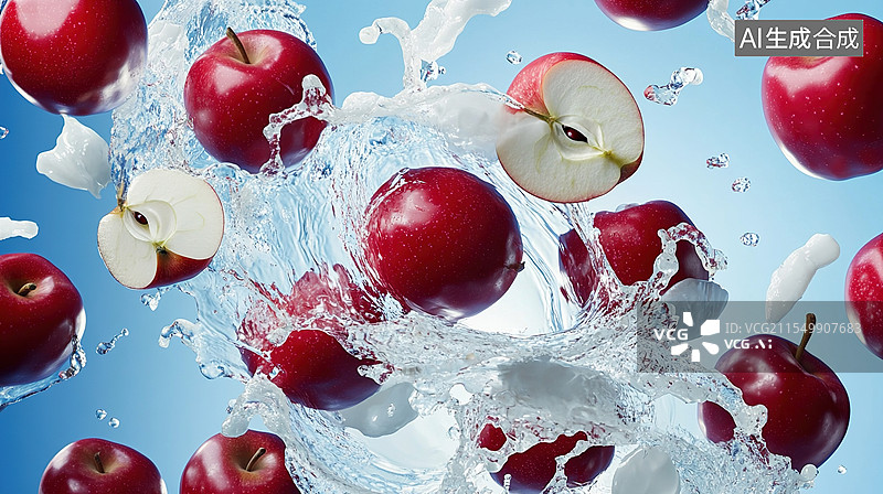 【AI数字艺术】清爽夏日饮料飞溅水中新鲜季节水果系列红富士苹果维生素冷饮料促销产品包装海报蓝色海报图片素材