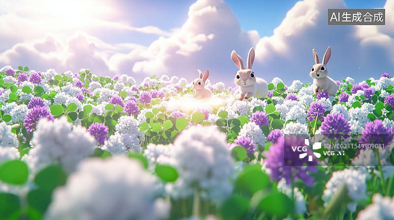 【AI数字艺术】可爱的兔子和花海图片素材