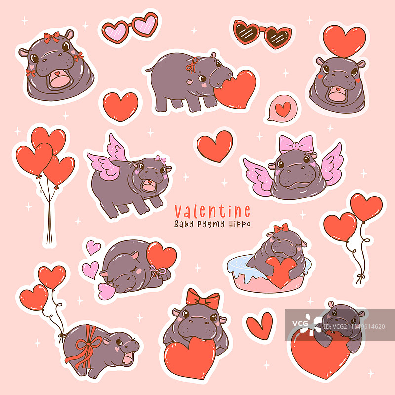 可爱的复古情人节宝宝侏儒河马手绘图图片素材