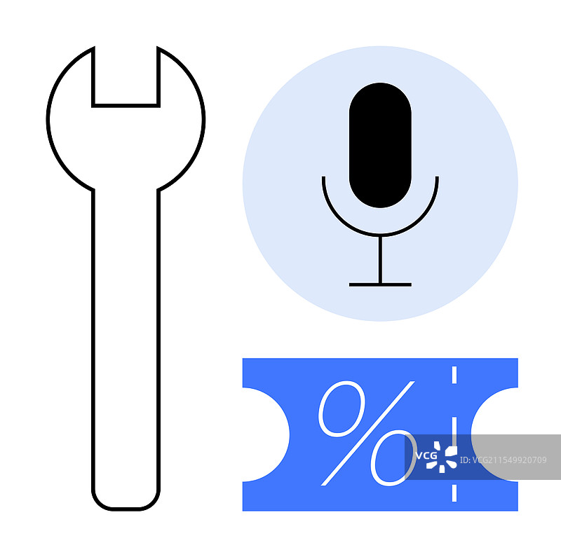 扳手、麦克风和折扣券符号图片素材