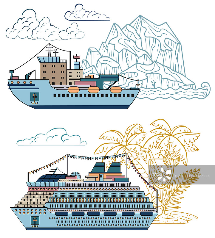 色彩缤纷的破冰船和游轮设计套件图片素材