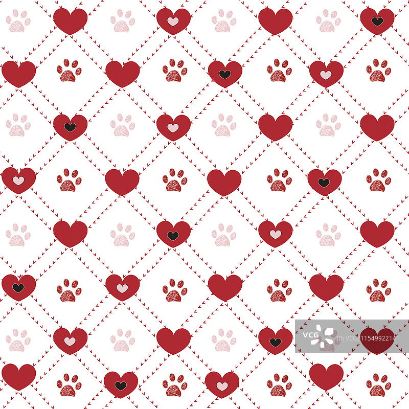 可爱爪印与红色格子心形图案无缝设计图片素材