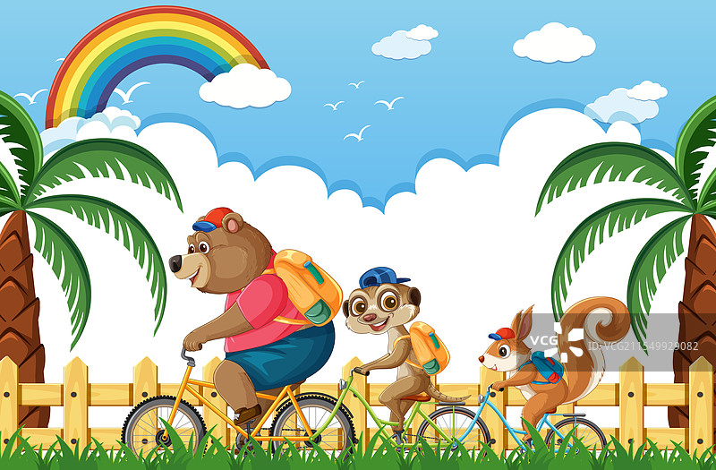 三只动物在阳光明媚的风景中一起骑自行车图片素材