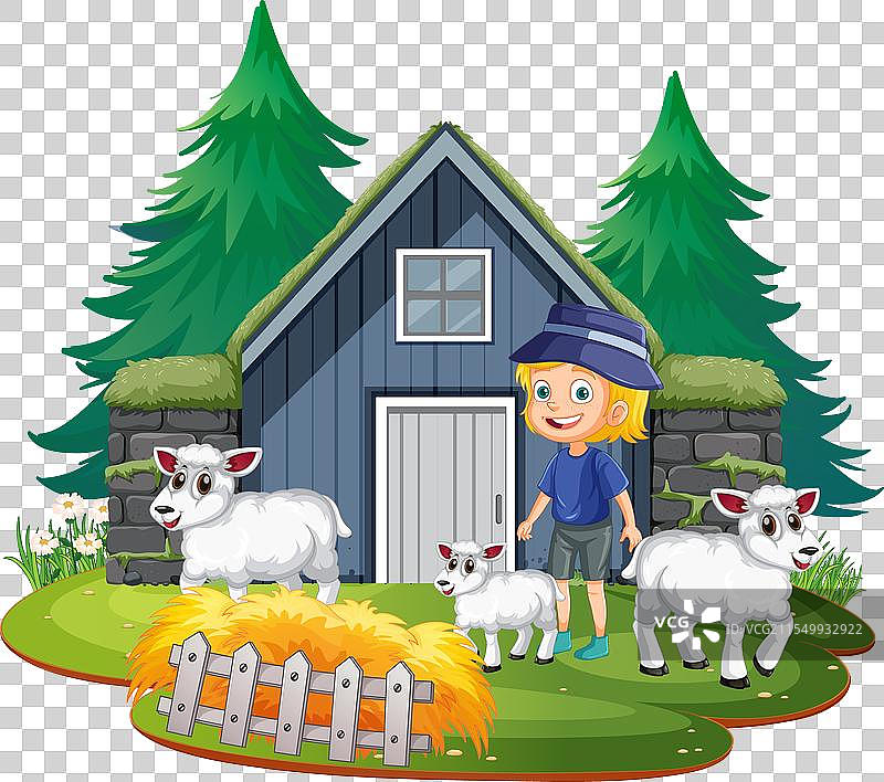 在乡村房屋外微笑的男孩与羊在一起图片素材