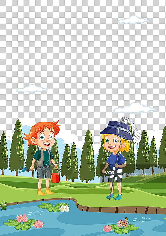 两个快乐的孩子准备在户外钓鱼图片素材