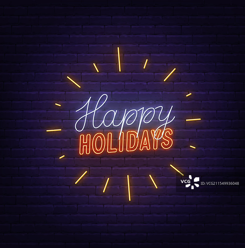 节日快乐霓虹文字在砖墙背景上图片素材