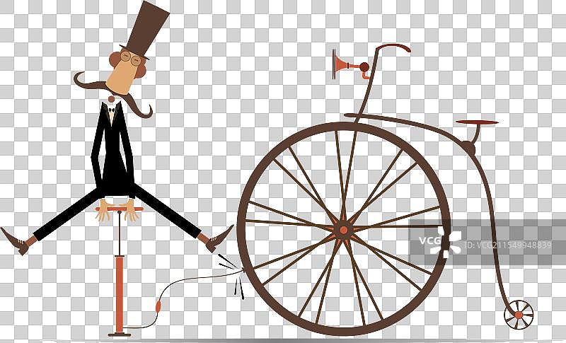男子为一辆复古自行车充气轮胎图片素材