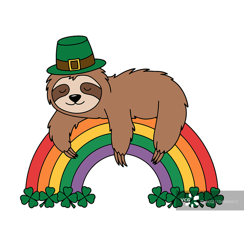 圣帕特里克节的树懒在彩虹上休息图片素材