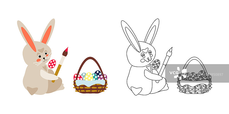 涂色书中的卡通兔子与篮子和颜料图片素材