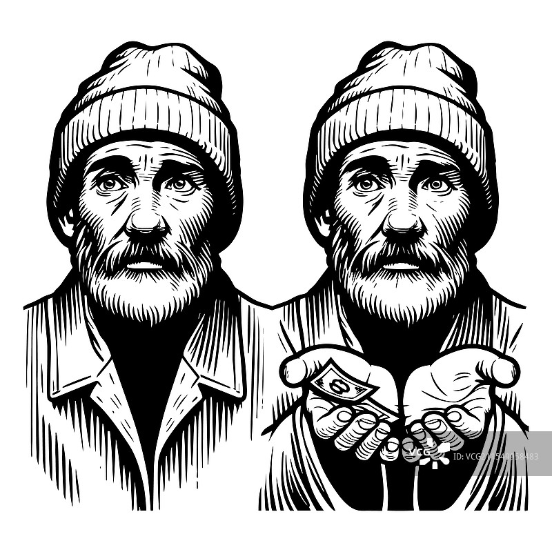 乞讨的流浪汉与硬币图片素材