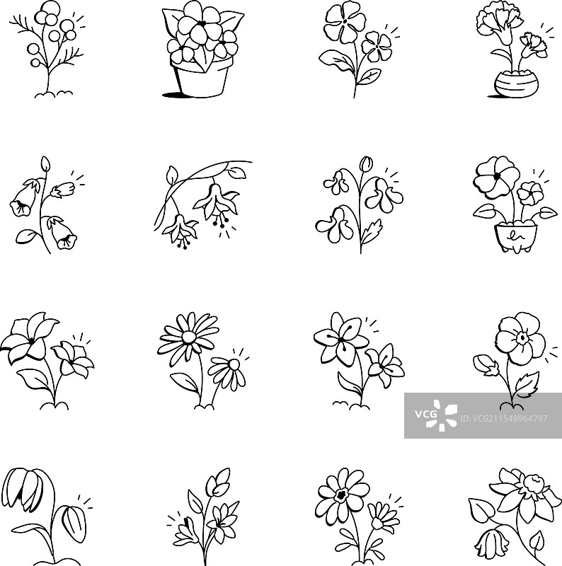 春季花卉图标的涂鸦风格合集图片素材