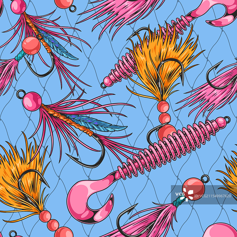 五颜六色的钓鱼饵在蓝色背景上图片素材