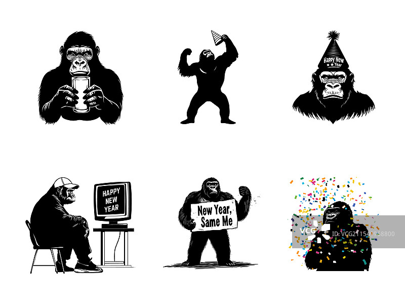 愤怒的大猩猩新年快乐剪影节庆图片素材