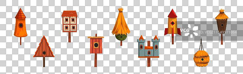 木制鸟屋和鸟巢箱，用于喂养鸟类图片素材