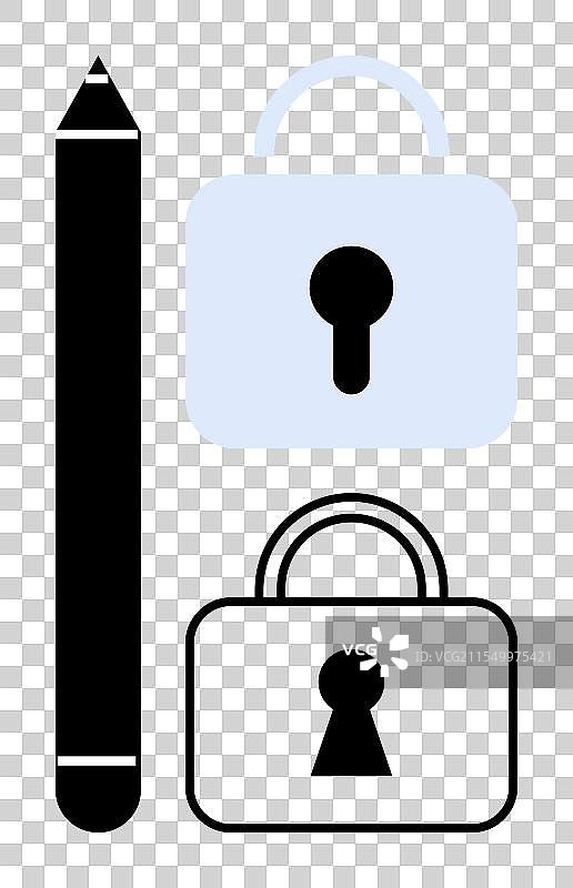 黑色和浅蓝色的两个挂锁旁边的铅笔图片素材