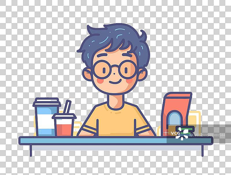 男孩坐在桌子旁，手里拿着一杯咖啡。图片素材