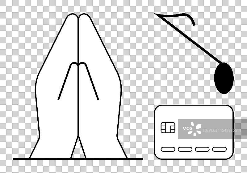双手合十祈祷姿势，听诊器和信用卡图片素材