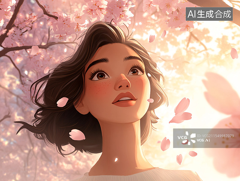 【AI数字艺术】樱花树下的美女图片素材