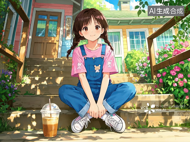 【AI数字艺术】门前花畔的畅饮少女绘画插图图片素材