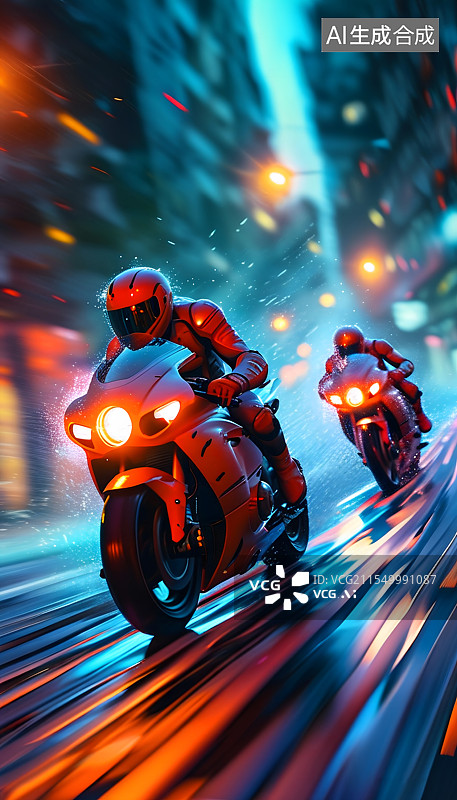 【AI数字艺术】赛博朋克风格竞速摩托跑车机车竞速夜景图片素材