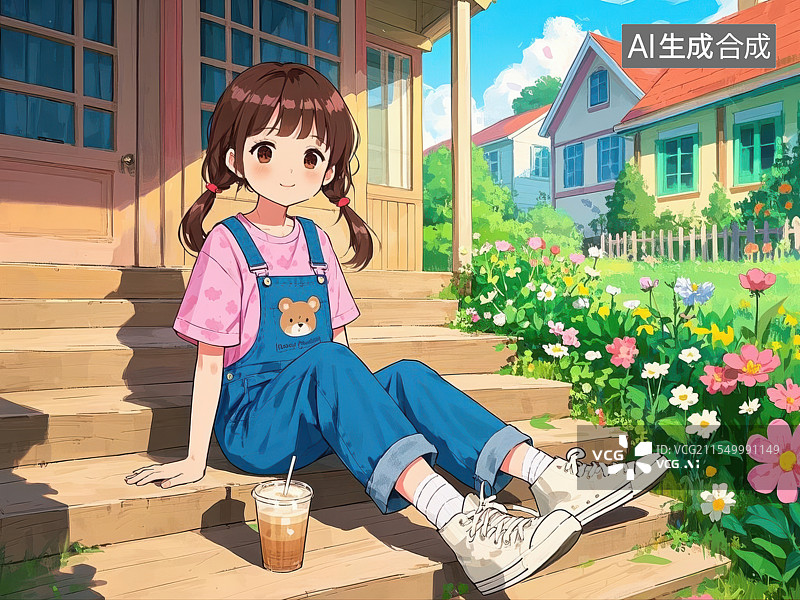 【AI数字艺术】门前花畔的畅饮少女绘画插图图片素材