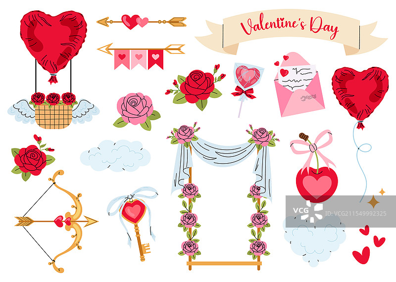 情人节的摆设元素：秋千、蝴蝶结、心形装饰图片素材