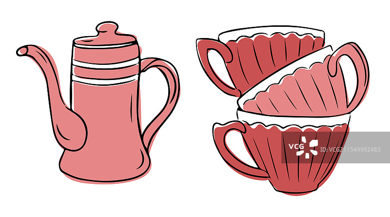 优雅的手绘茶具与复古茶壶图片素材