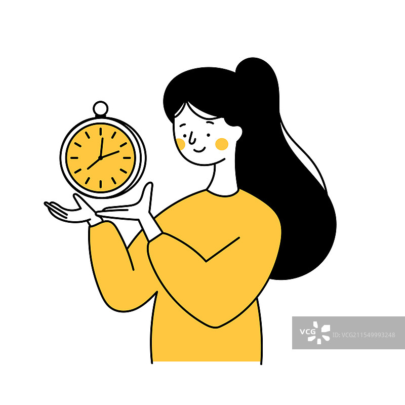 可爱的卡通女性手持时钟，年轻。图片素材