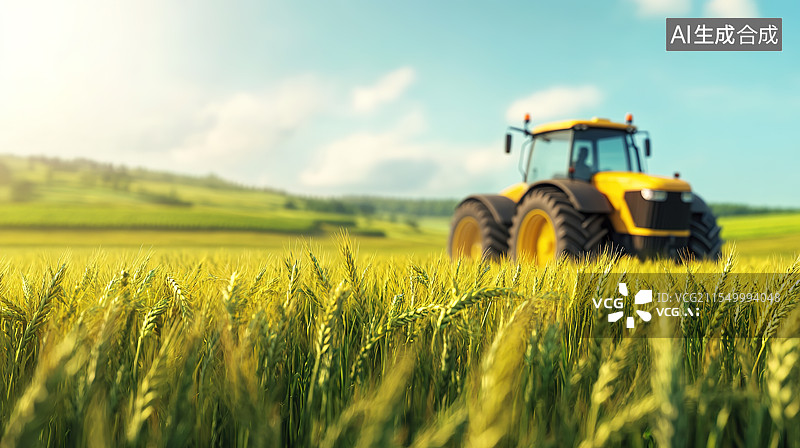 【AI数字艺术】秋天金色麦田里的拖拉机插画图片素材
