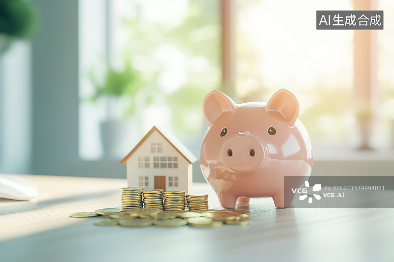 【AI数字艺术】桌面上的小猪存钱罐和金币——金融理财存钱概念图片素材