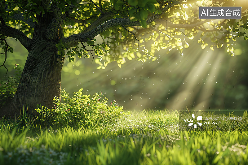 【AI数字艺术】夏日黄昏阳光照在草坪上唯美背景图片素材