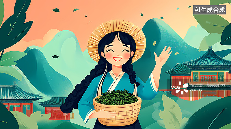 【AI数字艺术】戴斗笠女子持篮微笑青山古建筑图片素材