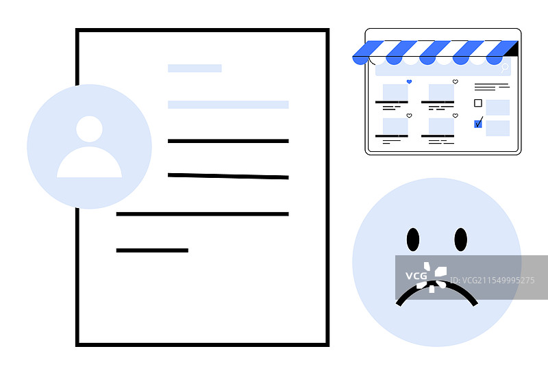 带有在线商店和悲伤面孔的数字个人资料图片素材