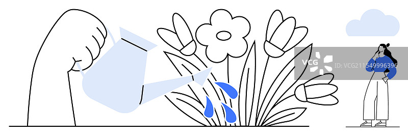 一个人观察着手动浇水的花朵图片素材