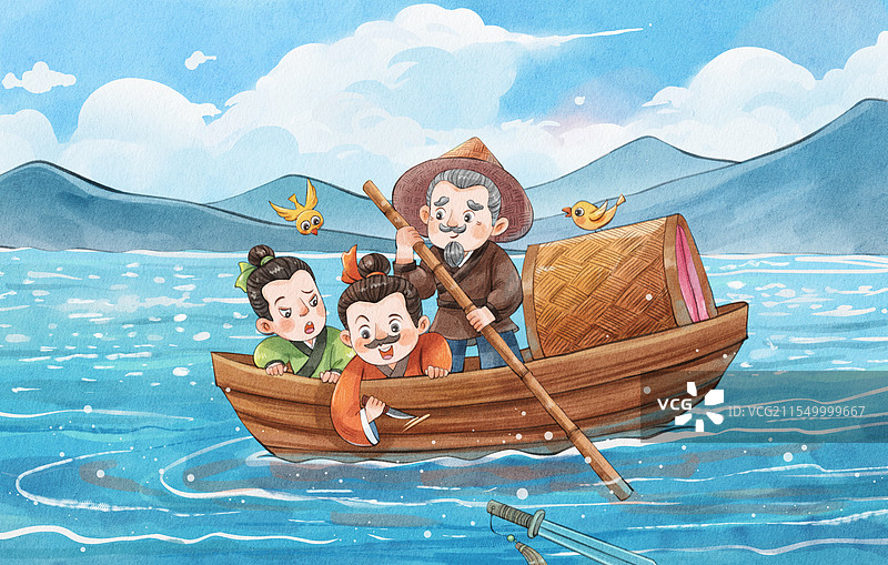 手绘水彩成语故事之刻舟求剑故事插画图片素材